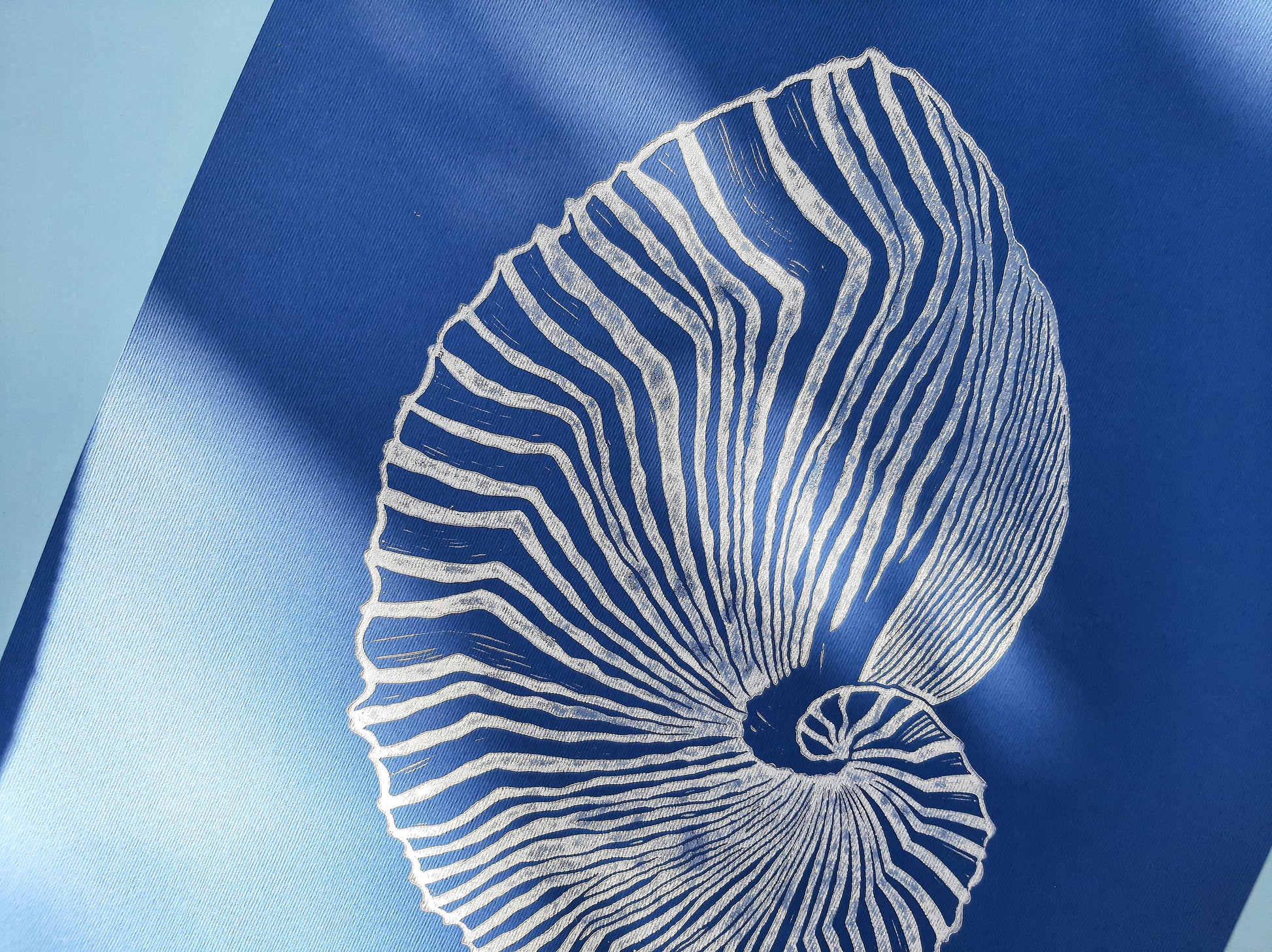 Gallery wall set of 2 Linocut print Blue ocean waves and sea shell wall art 12x16 for Nature lovers gift UNFRAMED / lino print / linogravure / original artwork / printmaking / hampton style / costal wall art / nautical wall art for bedroom, living room, bathroom / classical wall art