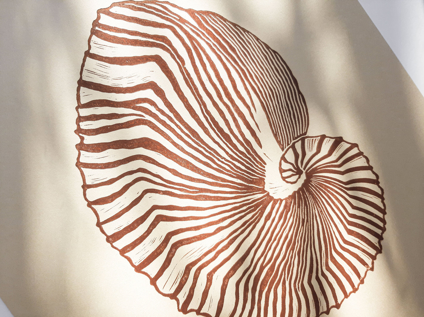 Beige and brown sea shell art Linocut print / printmaking / original artwork / lino print / linogravure / relief print / block print