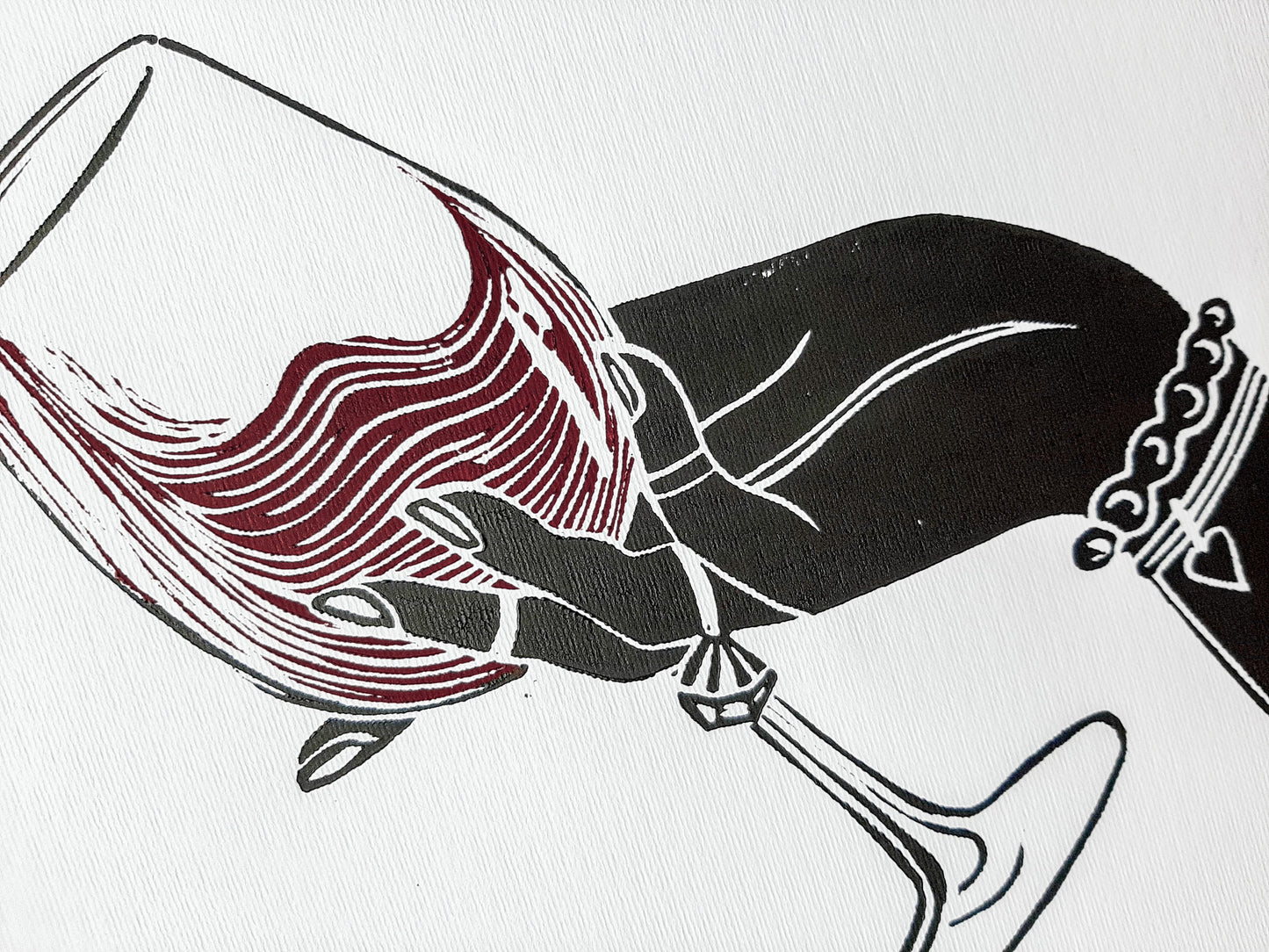 Black woman hand with glass of red wine Linocut print for New home gift UNFRAMED / lino print, linogravure, original artwork, relief print, printmaking / alcohol drink art, for dining room, living room and modern kitchen wall art and decor