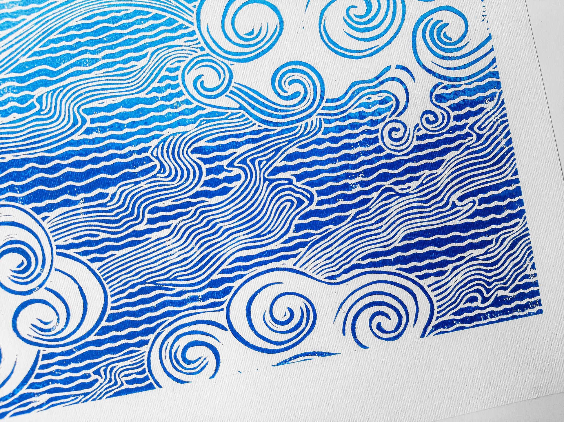 Details dark blue and light blue japanese clouds Linocut print / lino print / relief print / printmaking / linogravure