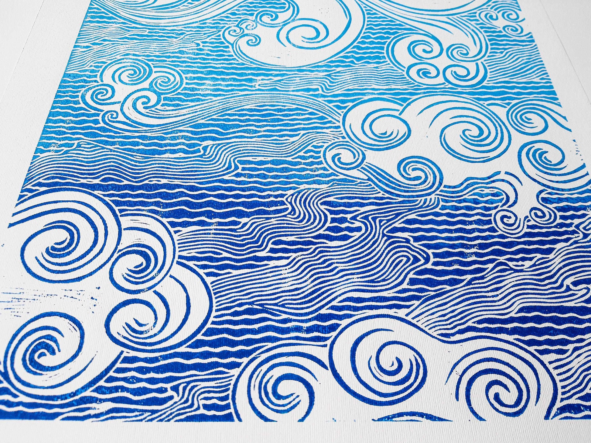 Blue japanese clouds Linocut print for Nature lover gift UNFRAMED Housewarming gift New home gift Living room or bedroom decor 16x12 Original artwork Classical wall decor
