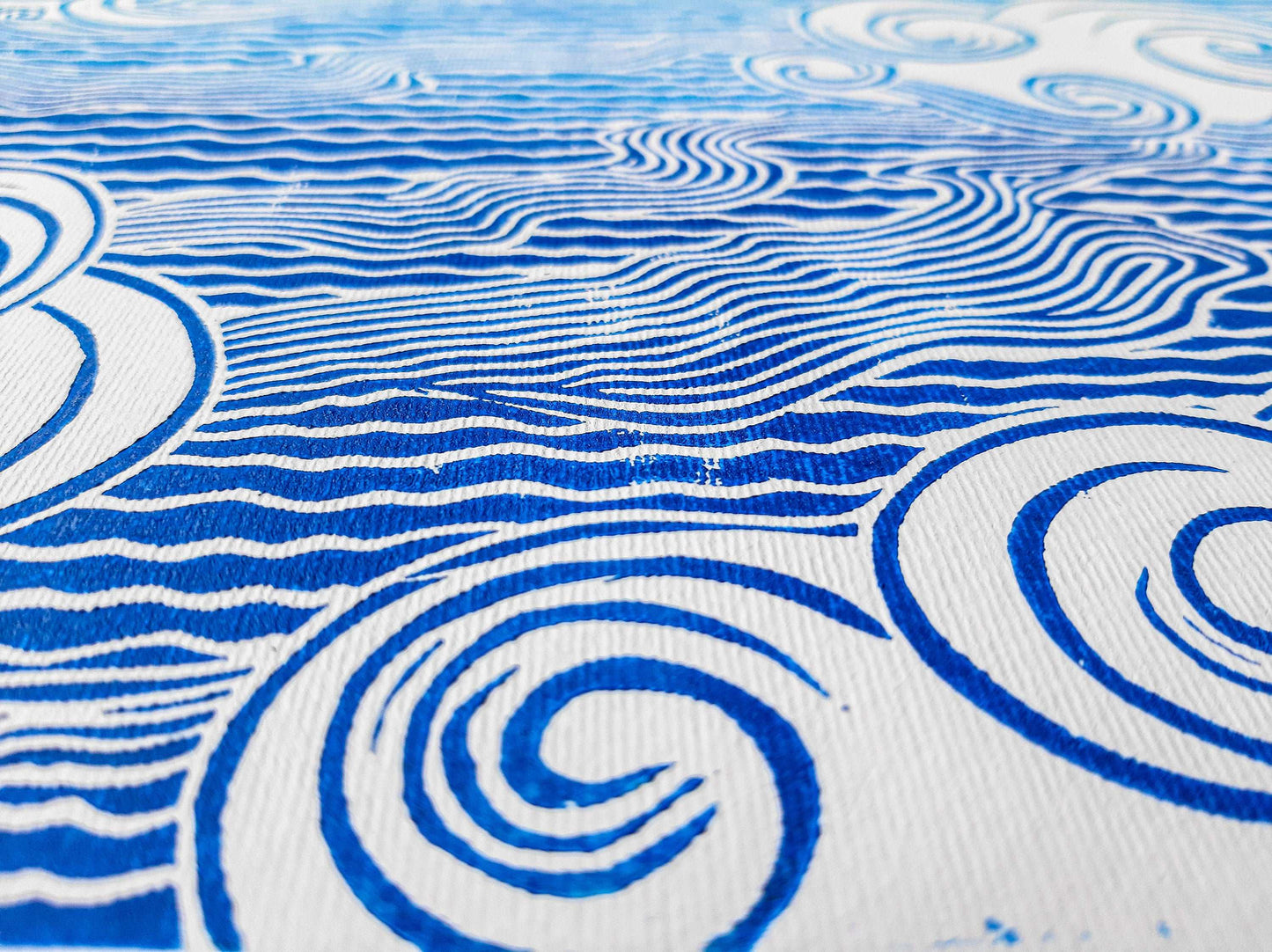 Details dark blue and light blue japanese clouds Linocut print / lino print / relief print / printmaking / linogravure