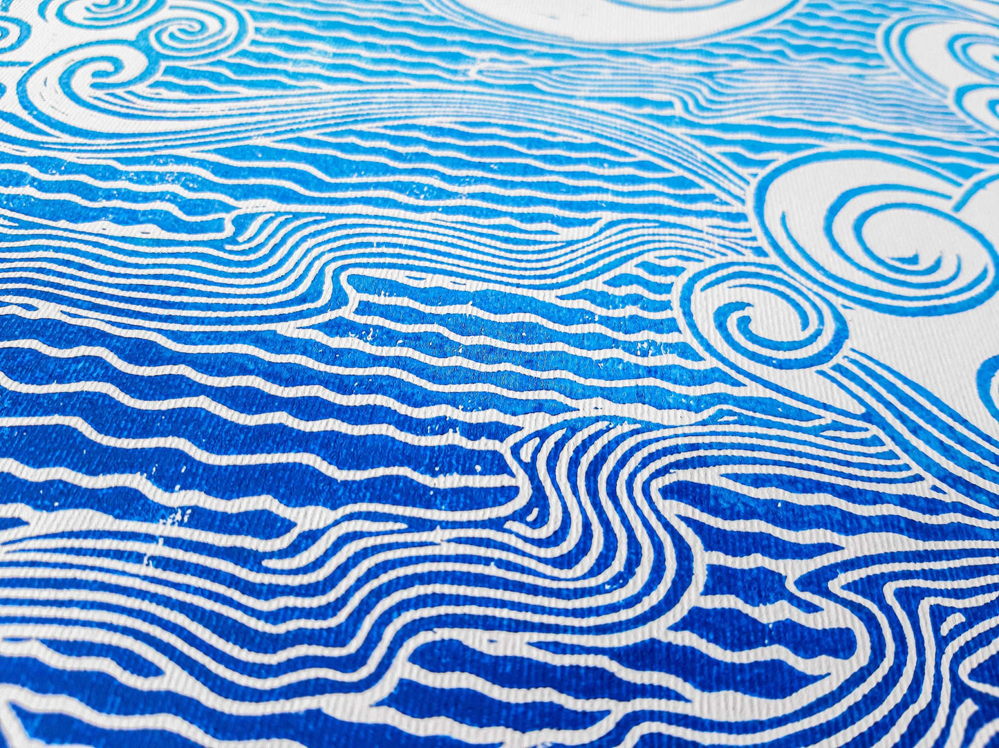 Details dark blue and light blue japanese clouds Linocut print / lino print / relief print / printmaking / linogravure
