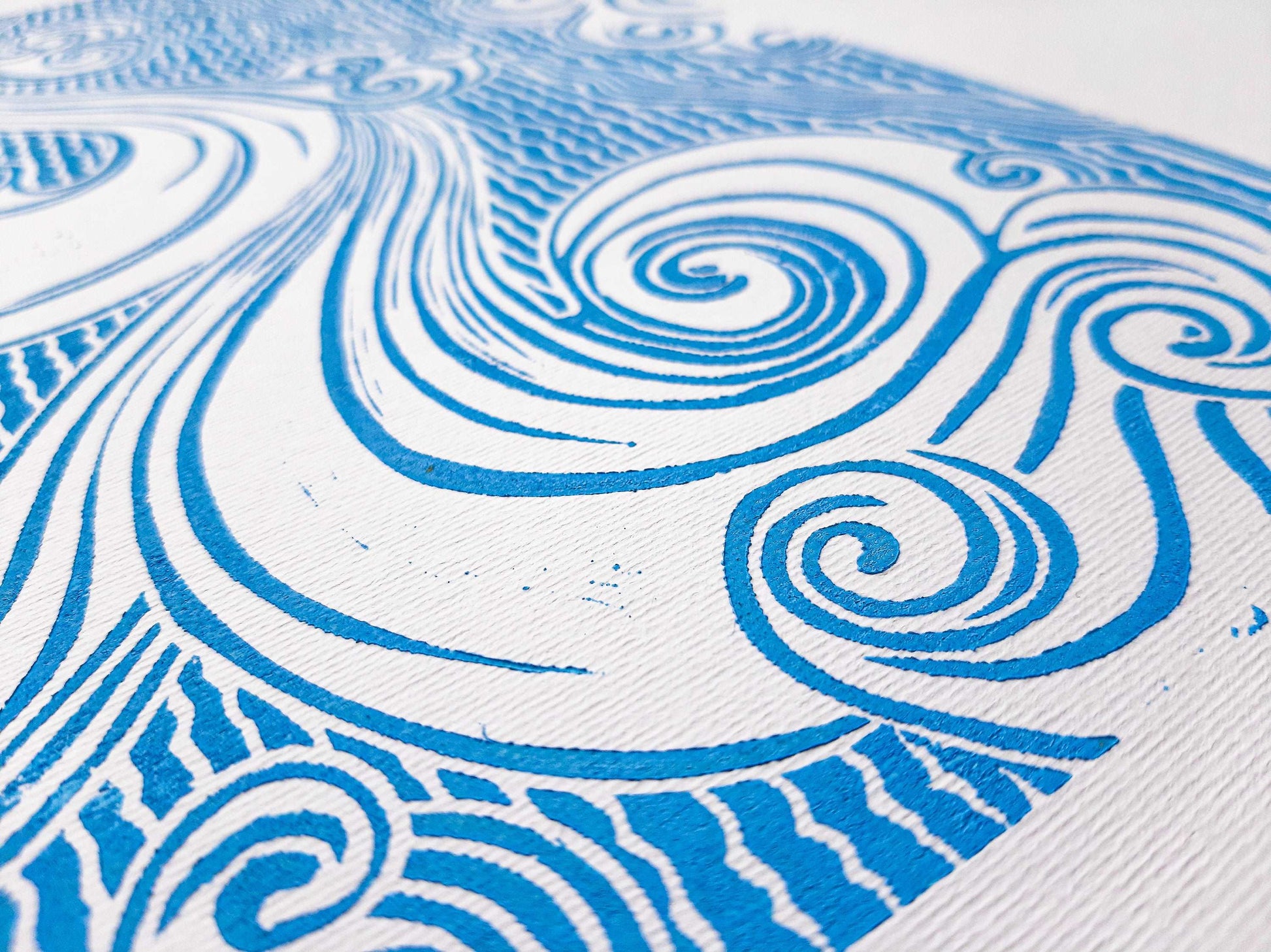 Details dark blue and light blue japanese clouds Linocut print / lino print / relief print / printmaking / linogravure