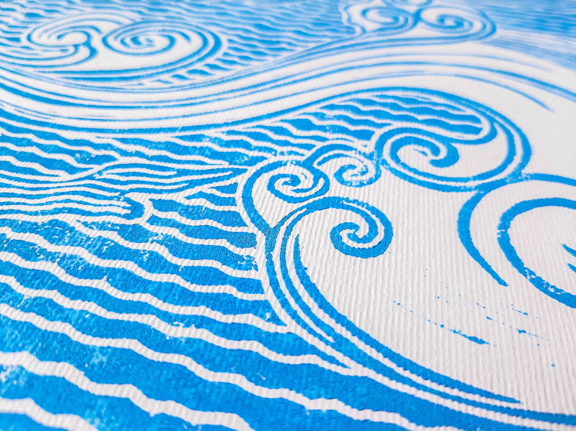 Details dark blue and light blue japanese clouds Linocut print / lino print / relief print / printmaking / linogravure