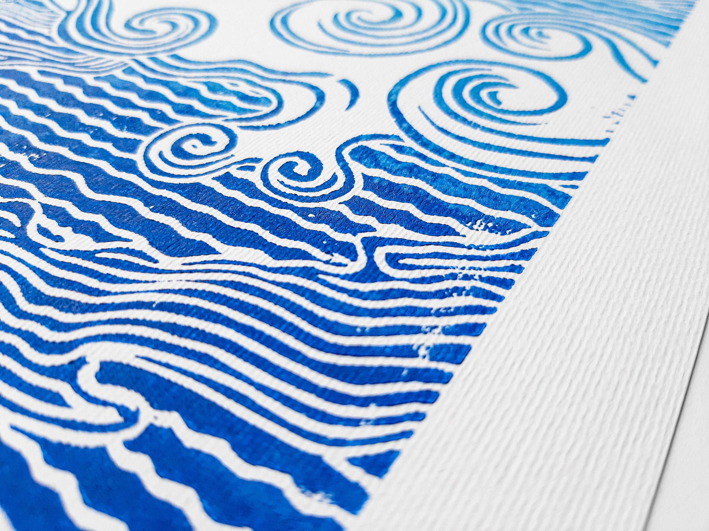Details dark blue and light blue japanese clouds Linocut print / lino print / relief print / printmaking / linogravure