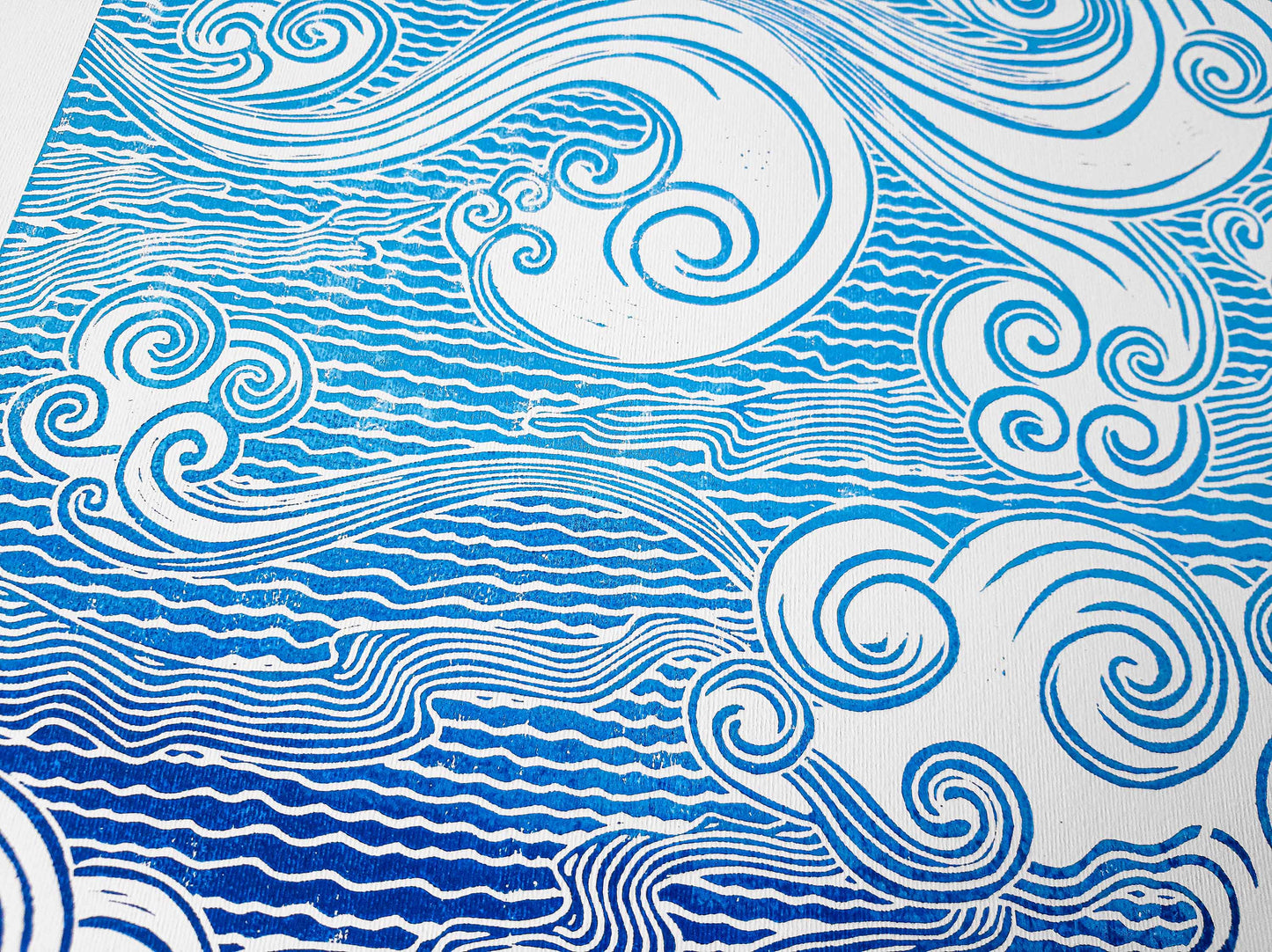 Details dark blue and light blue japanese clouds Linocut print / lino print / relief print / printmaking / linogravure