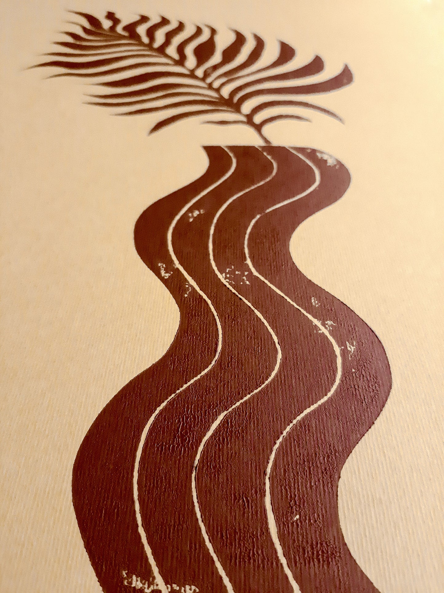 Boho brown wave vase and plant art Linocut print for New home gift UNFRAMED / lino print / linogravure / handmade art / classical art / living room, bedroom