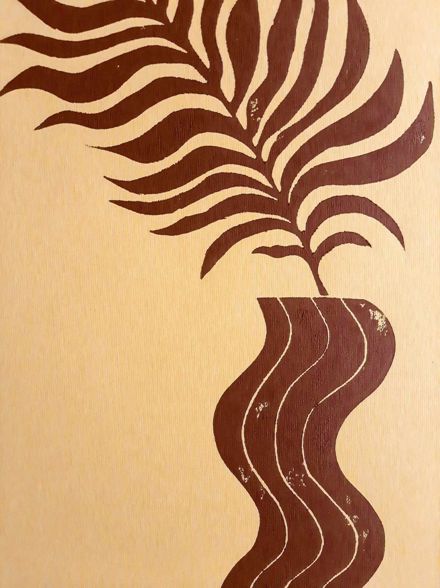 Boho brown wave vase and plant art Linocut print for New home gift UNFRAMED / lino print / linogravure / handmade art / classical art / living room, bedroom