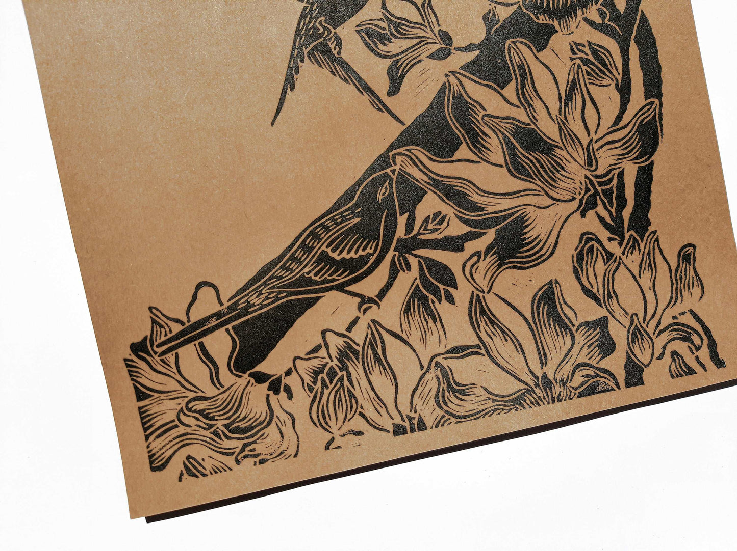 Details Black and craft Japanese magnolia flowers and birds Linocut print Original artwork / lino print / linogravure / relief print
