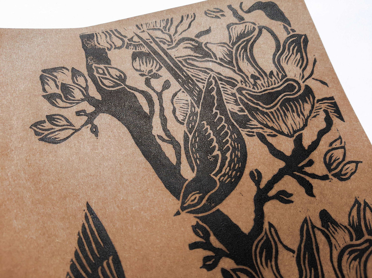 Details Black and craft Japanese magnolia flowers and birds Linocut print Original artwork / lino print / linogravure / relief print