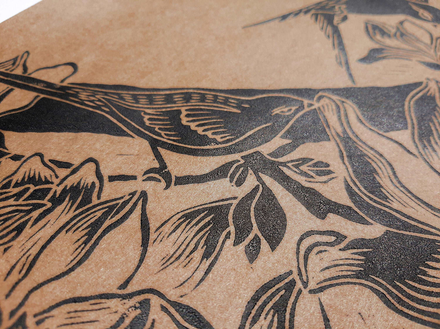 Details Black and craft Japanese magnolia flowers and birds Linocut print Original artwork / lino print / linogravure / relief print