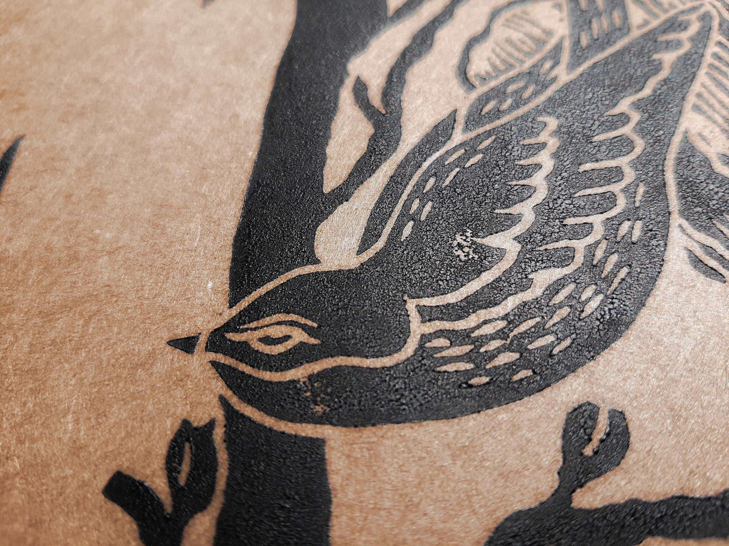 Details Black and craft Japanese magnolia flowers and birds Linocut print Original artwork / lino print / linogravure / relief print