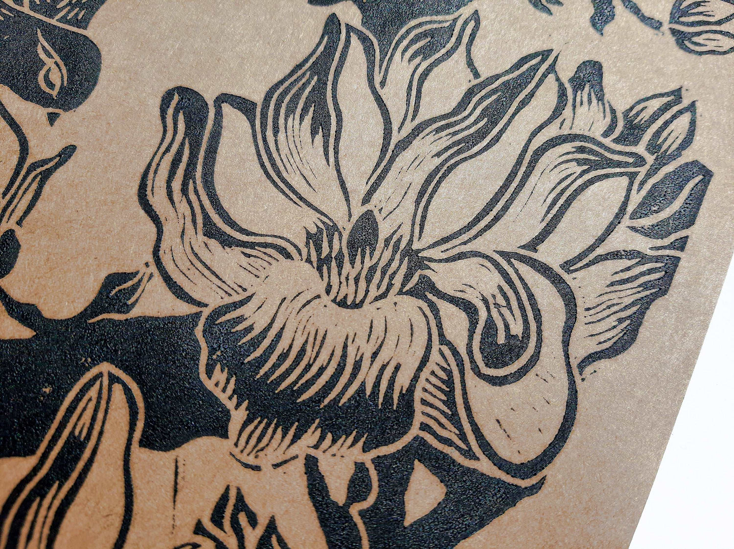 Details Black and craft Japanese magnolia flowers and birds Linocut print Original artwork / lino print / linogravure / relief print