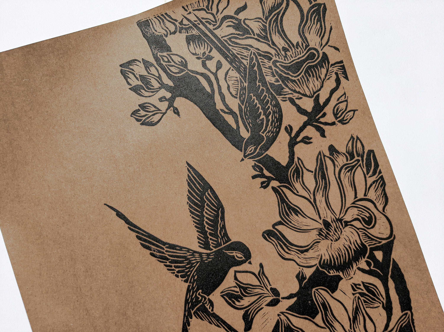 Details Black and craft Japanese magnolia flowers and birds Linocut print Original artwork / lino print / linogravure / relief print
