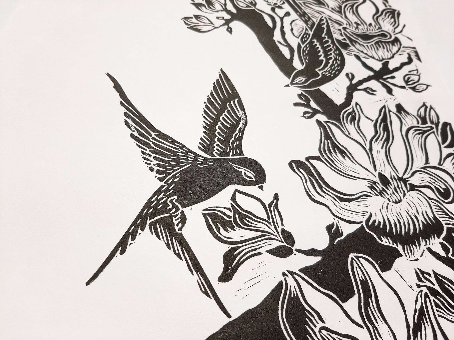 Details Black and white Japanese magnolia flowers and birds Linocut print Original artwork / lino print / linogravure / relief print