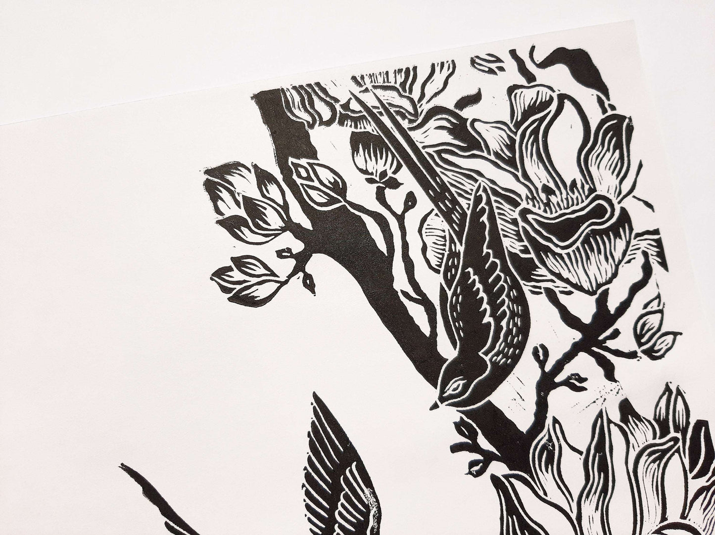Details Black and white Japanese magnolia flowers and birds Linocut print Original artwork / lino print / linogravure / relief print