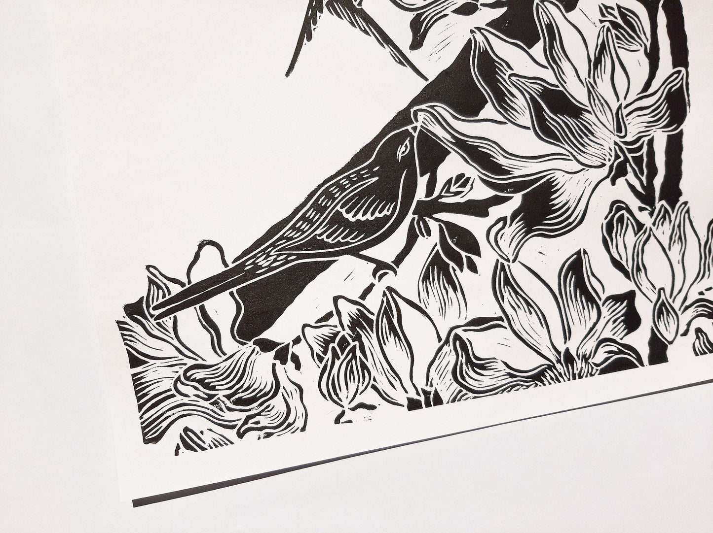 Details Black and white Japanese magnolia flowers and birds Linocut print Original artwork / lino print / linogravure / relief print
