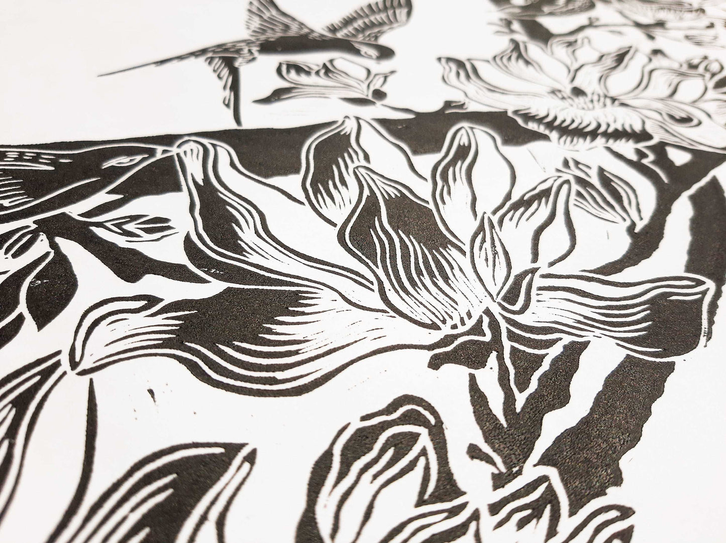 Details Black and white Japanese magnolia flowers and birds Linocut print Original artwork / lino print / linogravure / relief print