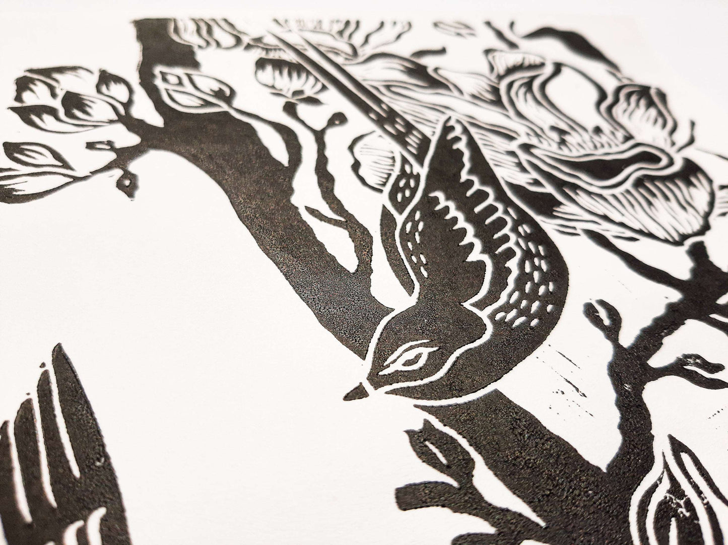 Details Black and white Japanese magnolia flowers and birds Linocut print Original artwork / lino print / linogravure / relief print