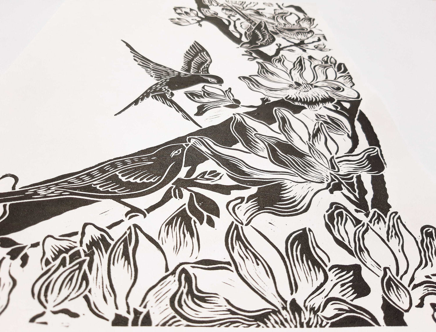 Details Black and white Japanese magnolia flowers and birds Linocut print Original artwork / lino print / linogravure / relief print