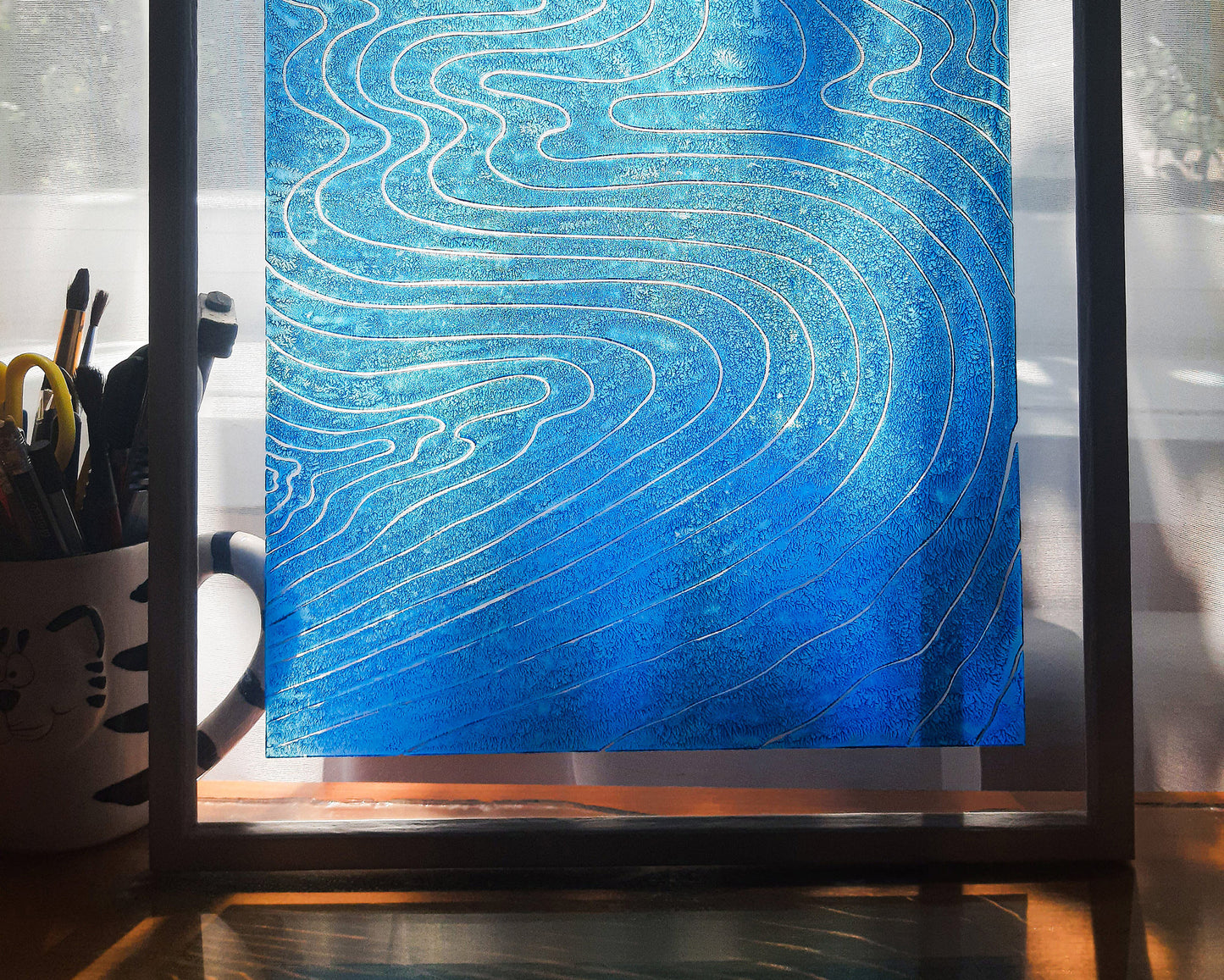 Abstract blue water Linocut print on Plexiglass relief Original artwork Nautical wall art for Bedroom Living room decor New home gift