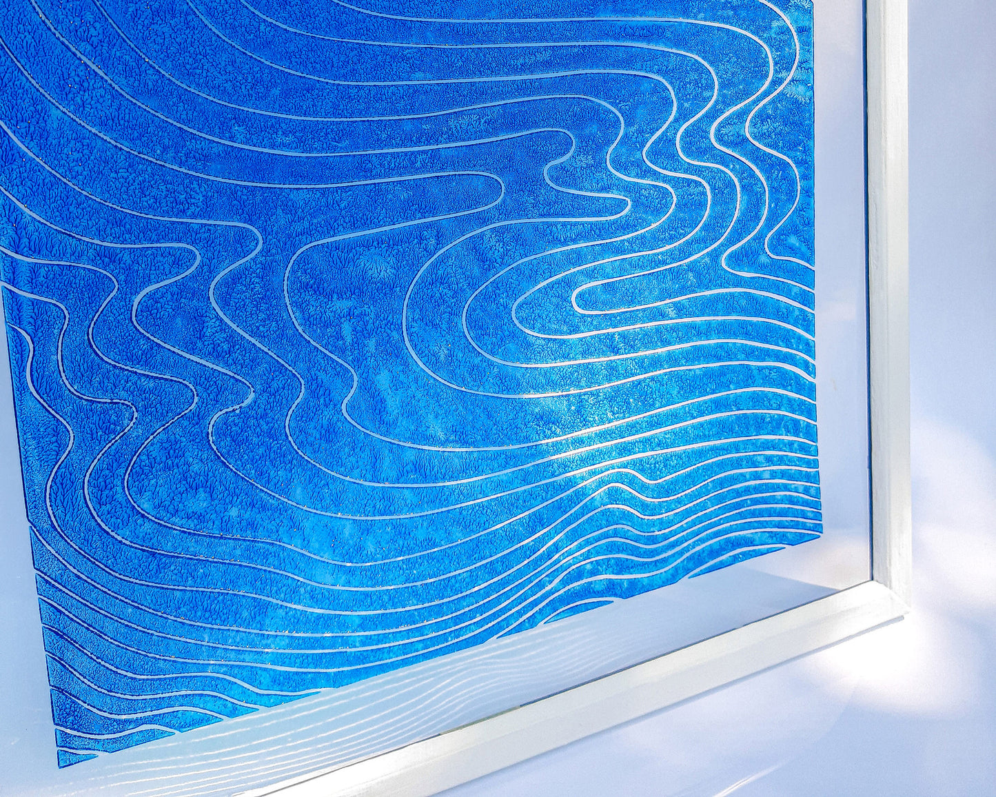 Abstract blue water Linocut print on Plexiglass relief Original artwork Nautical wall art for Bedroom Living room decor New home gift