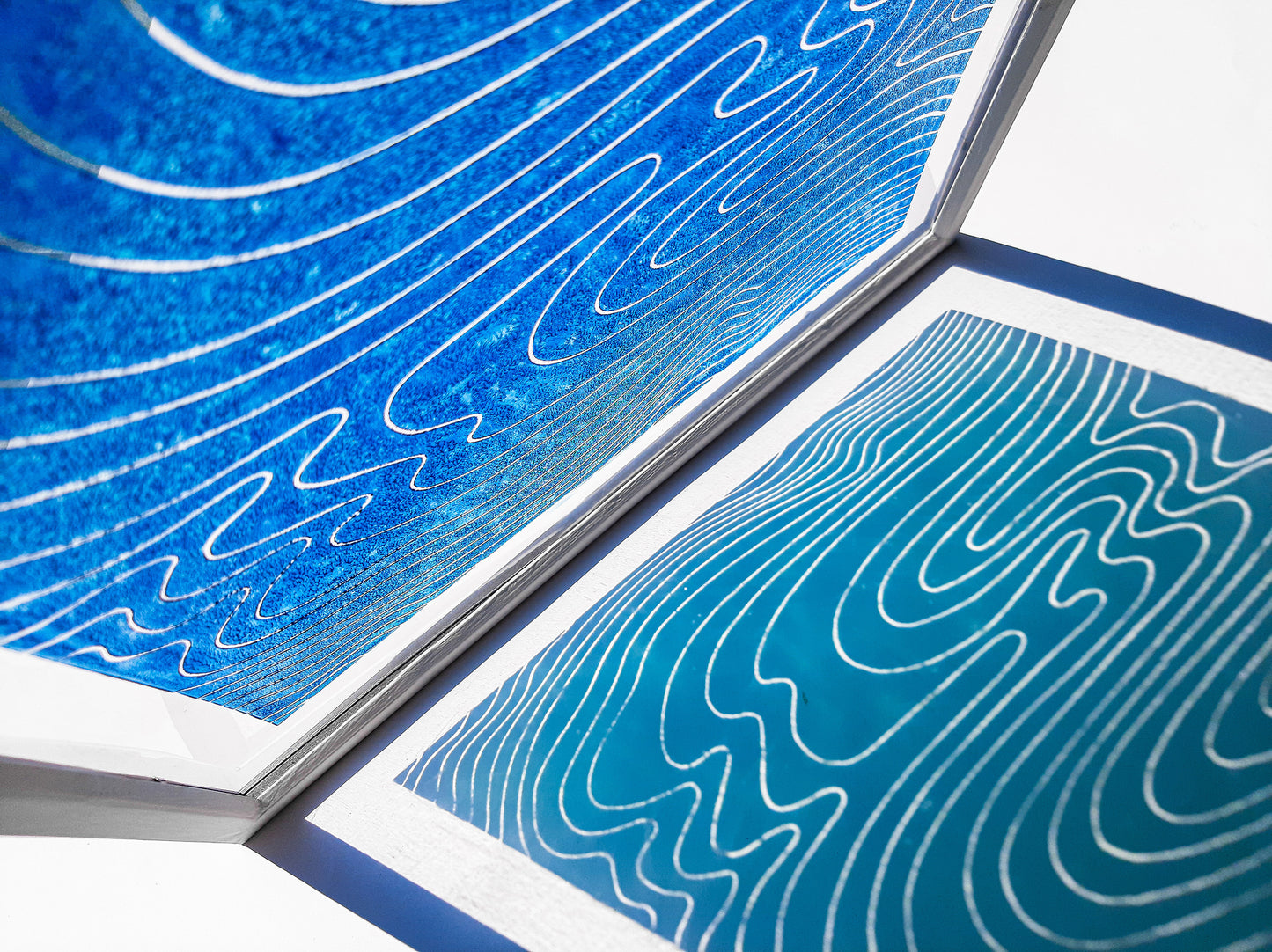 Abstract blue water Linocut print on Plexiglass relief Original artwork Nautical wall art for Bedroom Living room decor New home gift