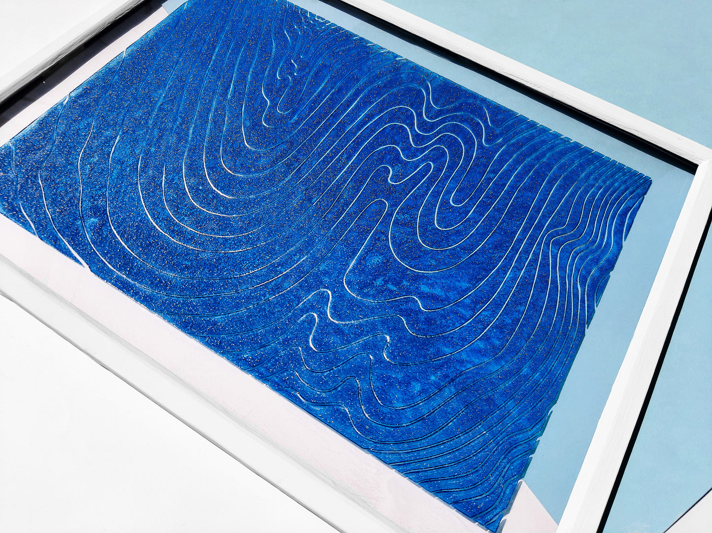 Abstract blue water Linocut print on Plexiglass relief Original artwork Nautical wall art for Bedroom Living room decor New home gift