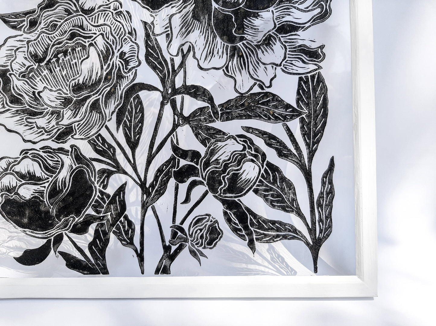 Black peony flowers wall art Plexiglass linocut print Botanical relief original artwork Printmaking for Bedroom decor Housewarming gift Living room Farm kitchen Foraged cottagecore farmhouse wall art decor relief printmaking block