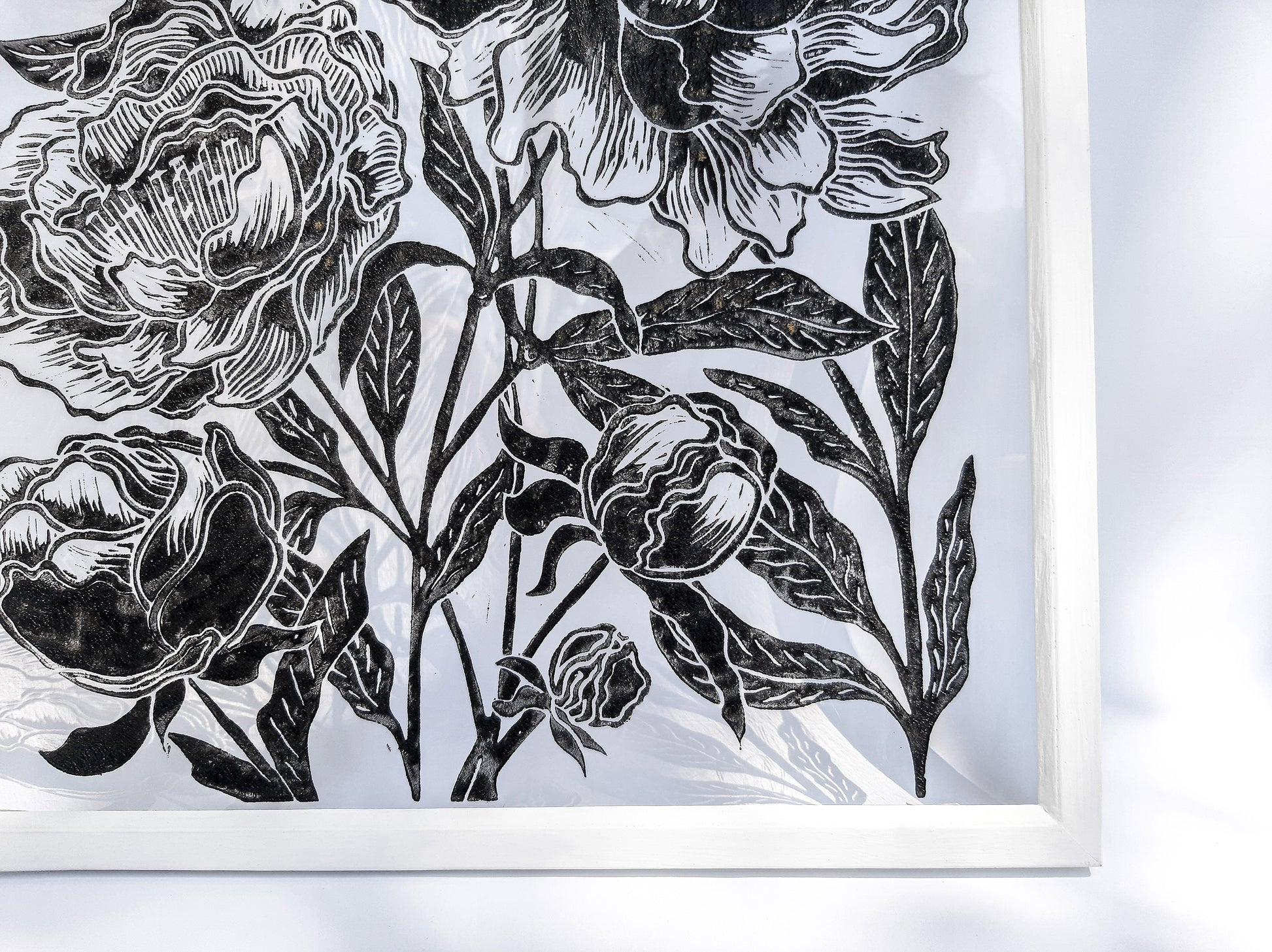 Black peony flowers wall art Plexiglass linocut print Botanical relief original artwork Printmaking for Bedroom decor Housewarming gift Living room Farm kitchen Foraged cottagecore farmhouse wall art decor relief printmaking block