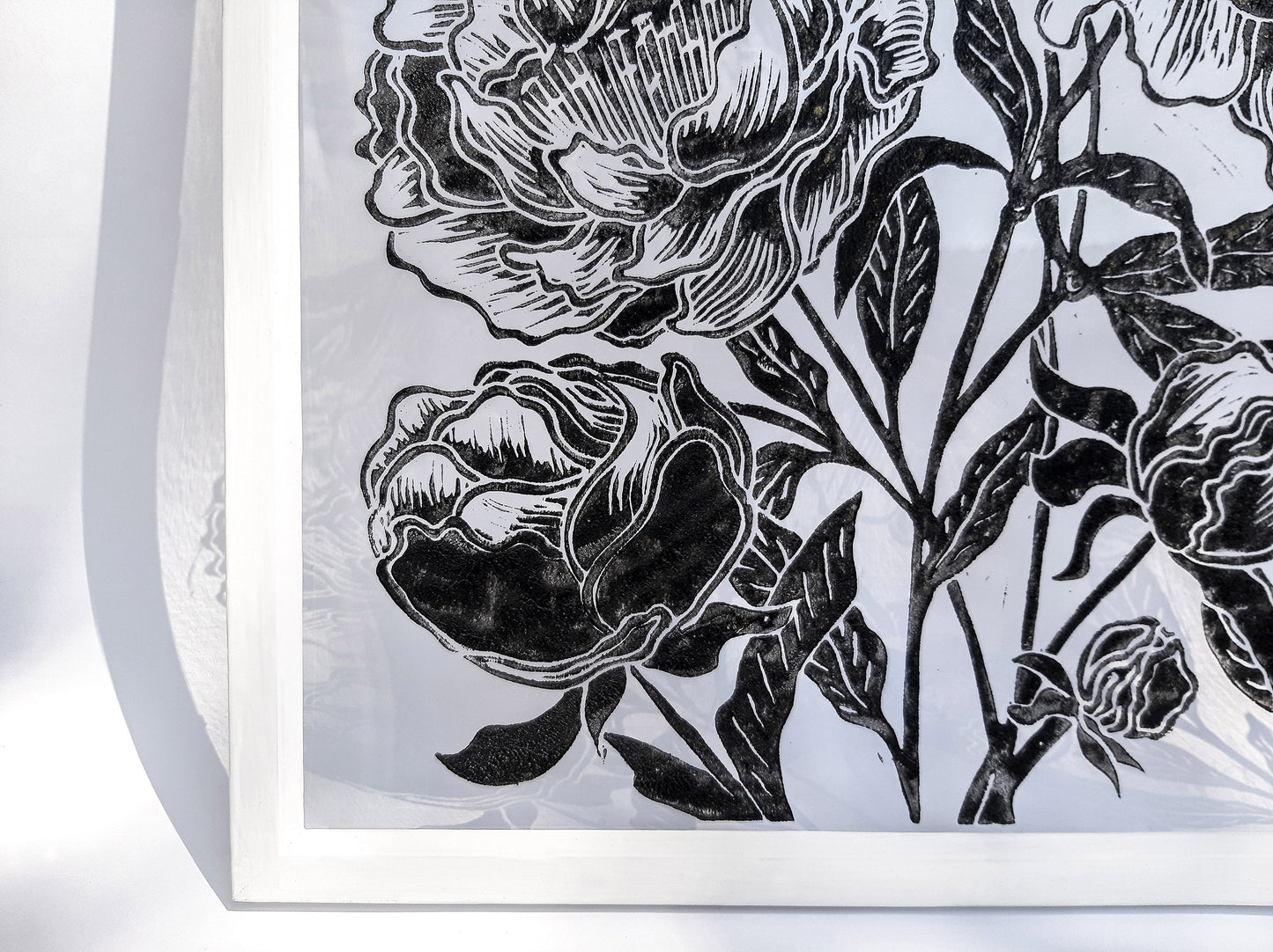 Black peony flowers wall art Plexiglass linocut print Botanical relief original artwork Printmaking for Bedroom decor Housewarming gift Living room Farm kitchen Foraged cottagecore farmhouse wall art decor relief printmaking block