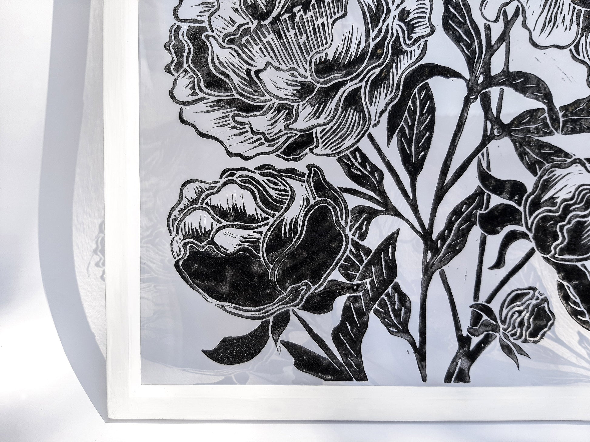 Black peony flowers wall art Plexiglass linocut print Botanical relief original artwork Printmaking for Bedroom decor Housewarming gift Living room Farm kitchen Foraged cottagecore farmhouse wall art decor relief printmaking block