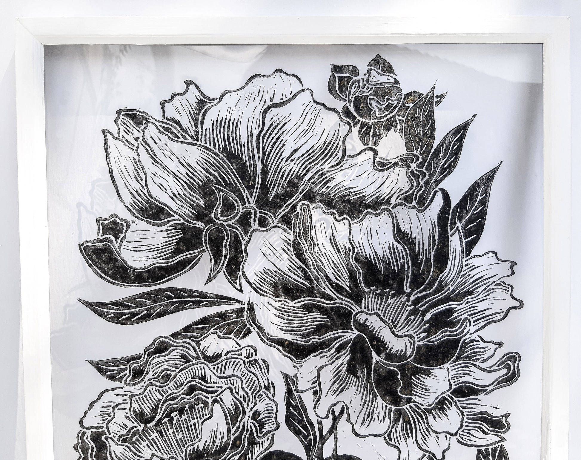 Black peony flowers wall art Plexiglass linocut print Botanical relief original artwork Printmaking for Bedroom decor Housewarming gift Living room Farm kitchen Foraged cottagecore farmhouse wall art decor relief printmaking block