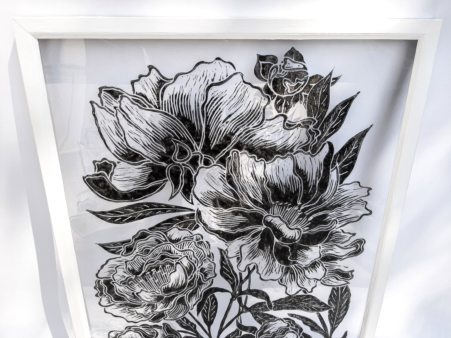 Black peony flowers wall art Plexiglass linocut print Botanical relief original artwork Printmaking for Bedroom decor Housewarming gift Living room Farm kitchen Foraged cottagecore farmhouse wall art decor relief printmaking block