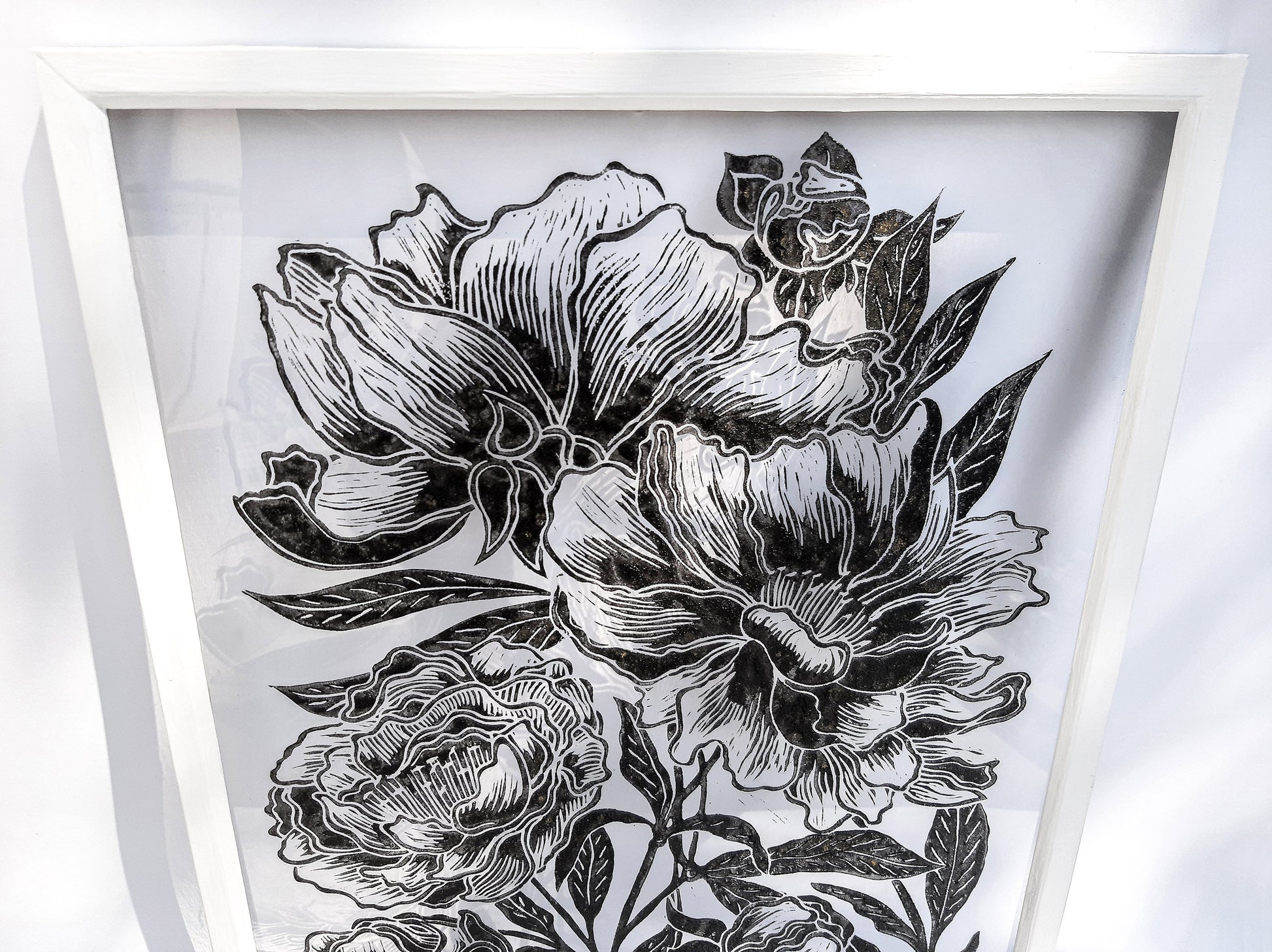Black peony flowers wall art Plexiglass linocut print Botanical relief original artwork Printmaking for Bedroom decor Housewarming gift Living room Farm kitchen Foraged cottagecore farmhouse wall art decor relief printmaking block