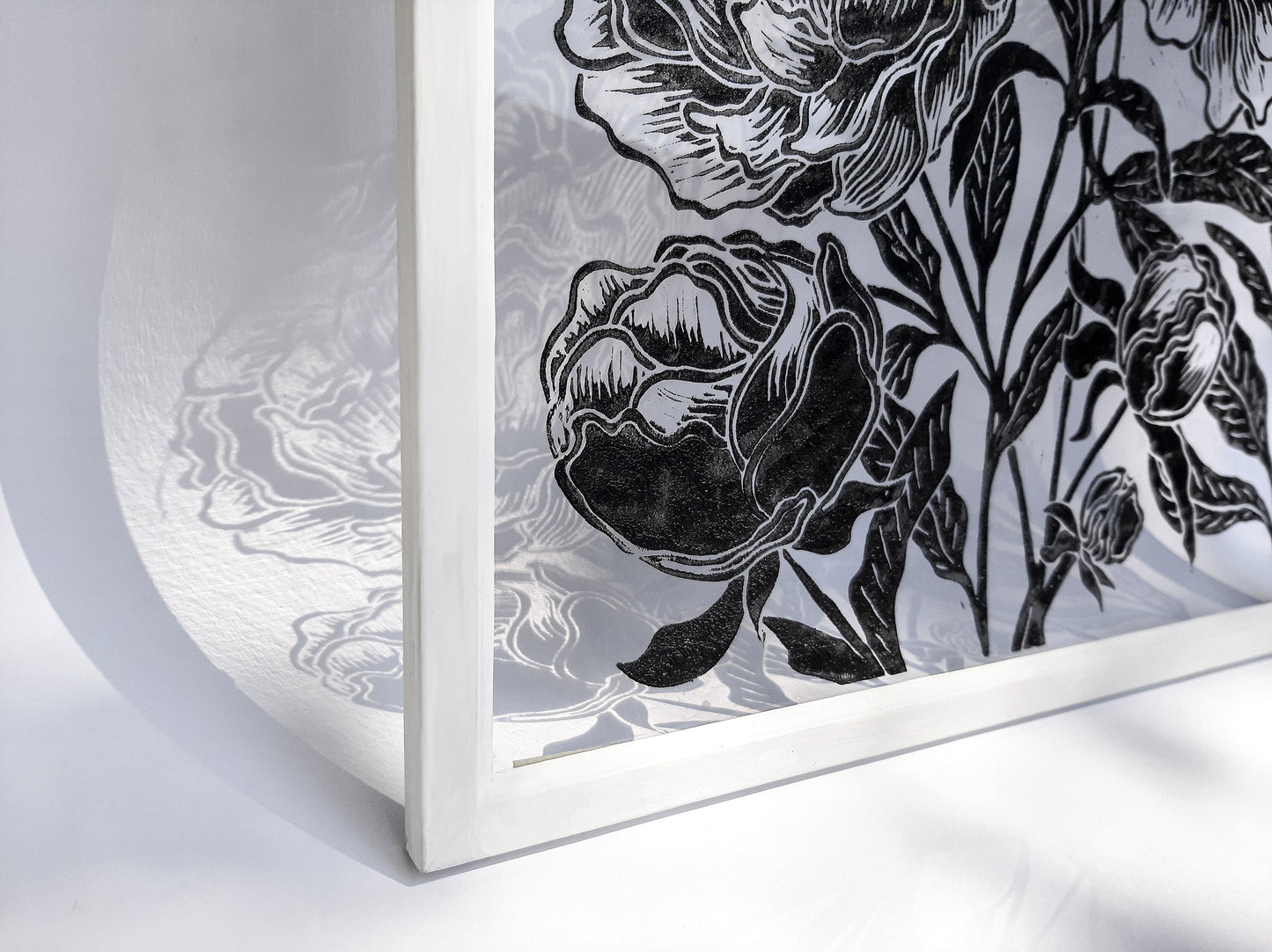 Black peony flowers wall art Plexiglass linocut print Botanical relief original artwork Printmaking for Bedroom decor Housewarming gift Living room Farm kitchen Foraged cottagecore farmhouse wall art decor relief printmaking block