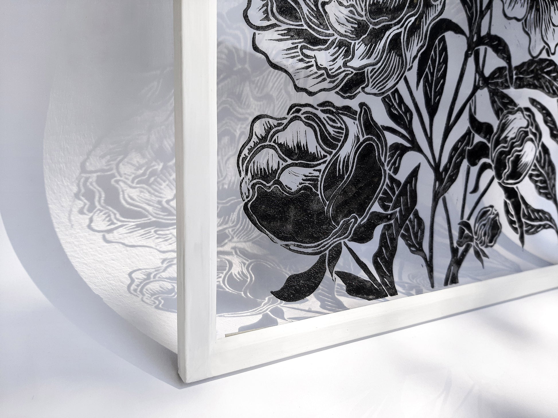 Black peony flowers wall art Plexiglass linocut print Botanical relief original artwork Printmaking for Bedroom decor Housewarming gift Living room Farm kitchen Foraged cottagecore farmhouse wall art decor relief printmaking block