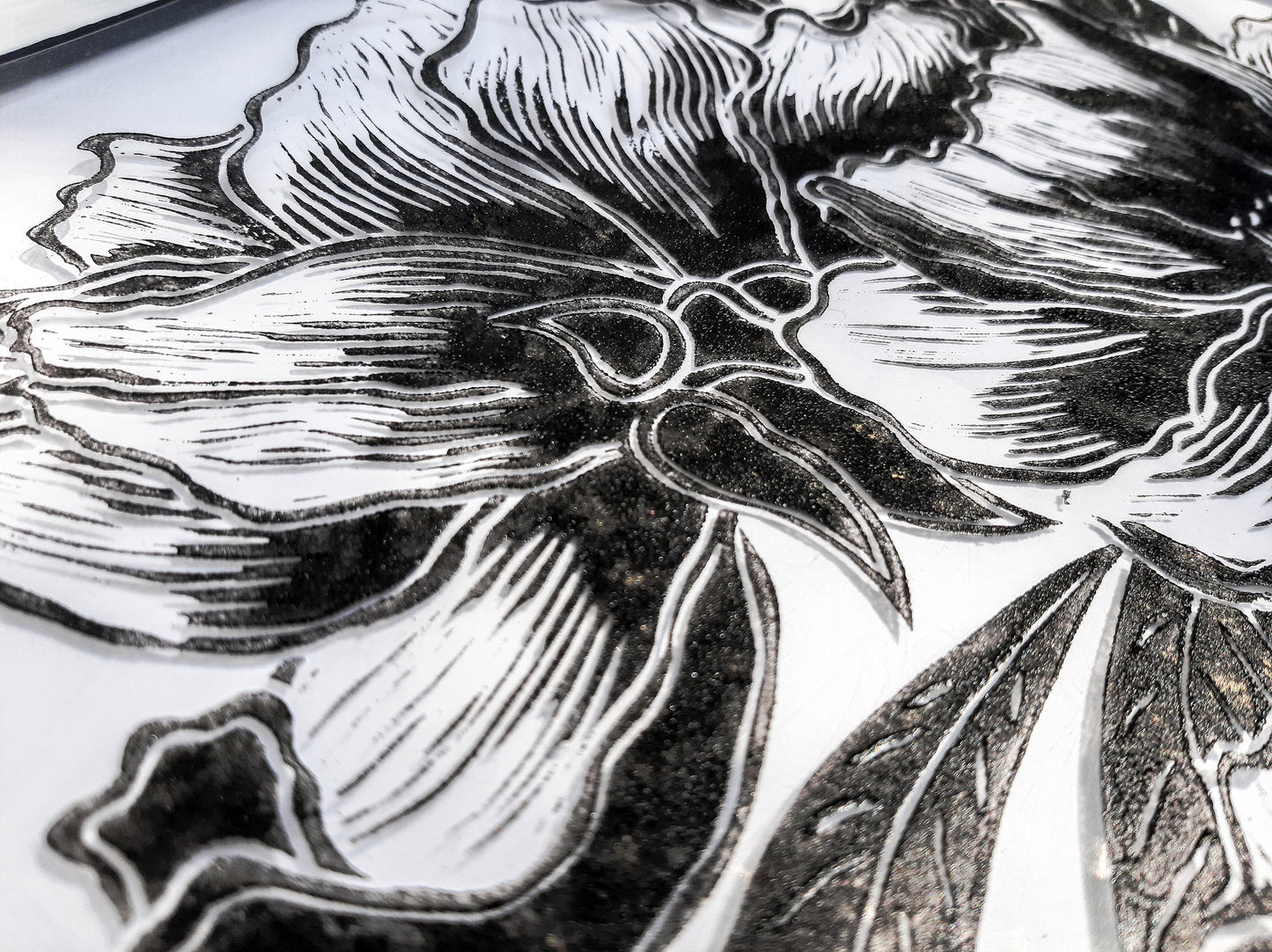 Black peony flowers wall art Plexiglass linocut print Botanical relief original artwork Printmaking for Bedroom decor Housewarming gift Living room Farm kitchen Foraged cottagecore farmhouse wall art decor relief printmaking block