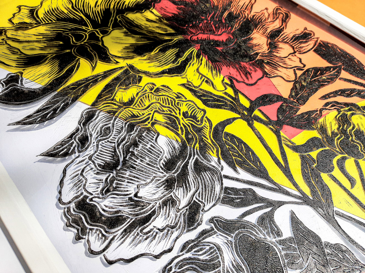 Black peony flowers wall art Plexiglass linocut print Botanical relief original artwork Printmaking for Bedroom decor Housewarming gift Living room Farm kitchen Foraged cottagecore farmhouse wall art decor relief printmaking block