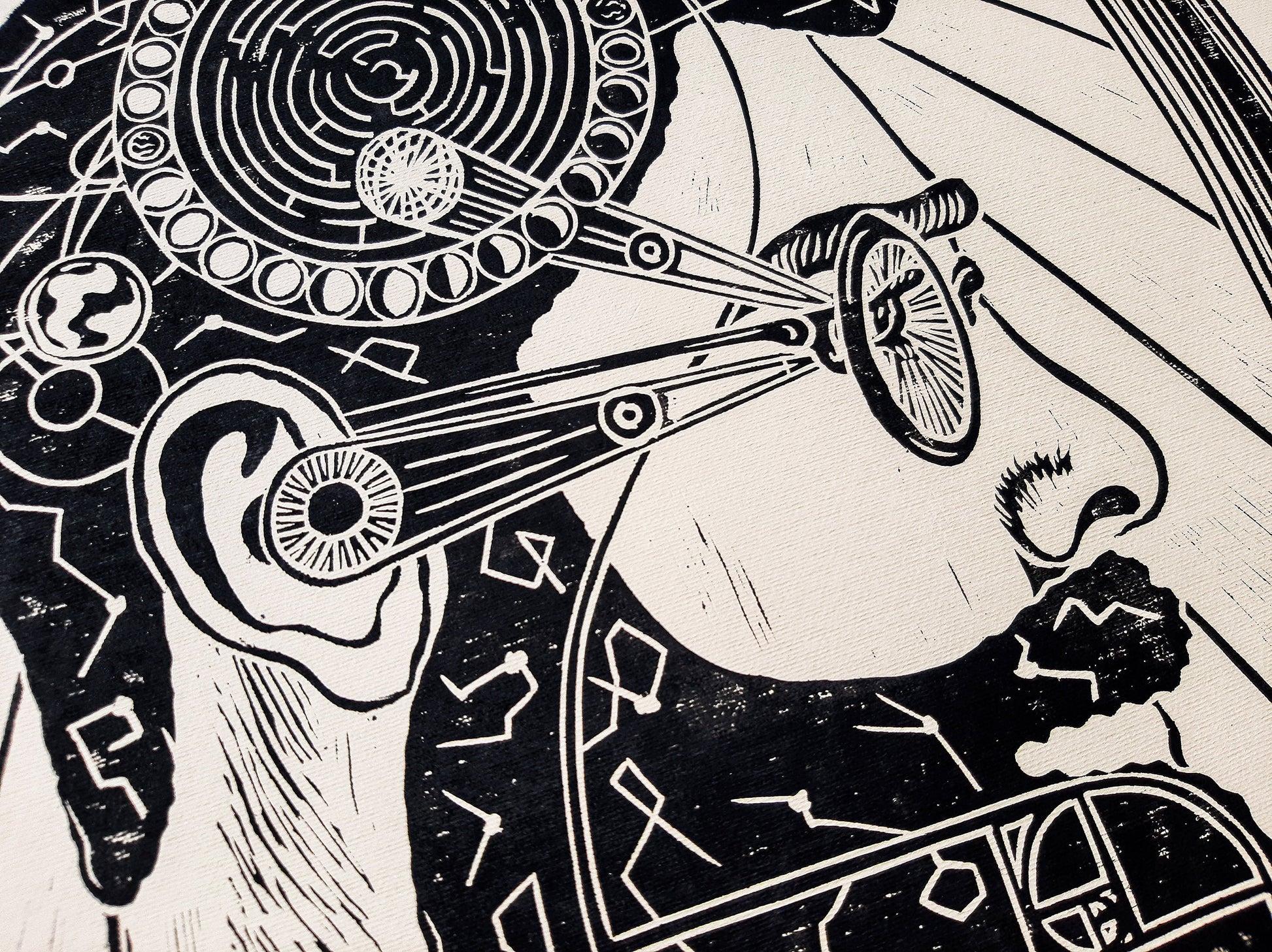 Linocut print Male portrait with constellations Solar system Moon phases map Original artwork for Boyfriend gift or Grandpa Chic wall decor, lino print, linogravure, printmaking art, handmade wall art, bedroom wall decor, living room wall art, man art, black and beige wall art