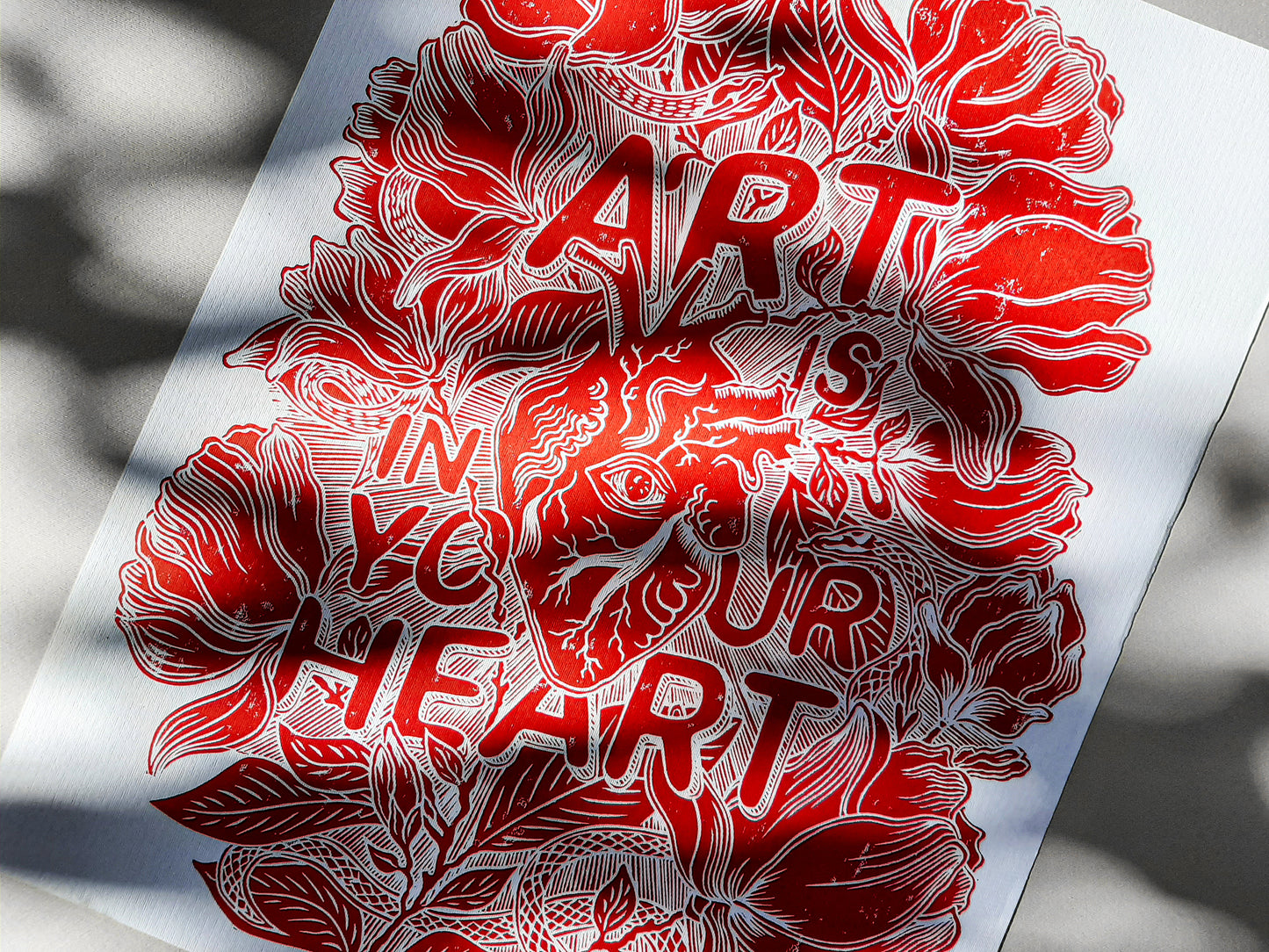Art is in your heart with red magnolias flowers and snakes Linocut print for New home gift UNFRAMED, Lino print, Block print, Farmhouse decor, Linogravure, Illustration print, Original artwork, Floral wall art, Housewarming gift, Botanical artwork, printmaking handmade wall decoration for bedroom or living room large print