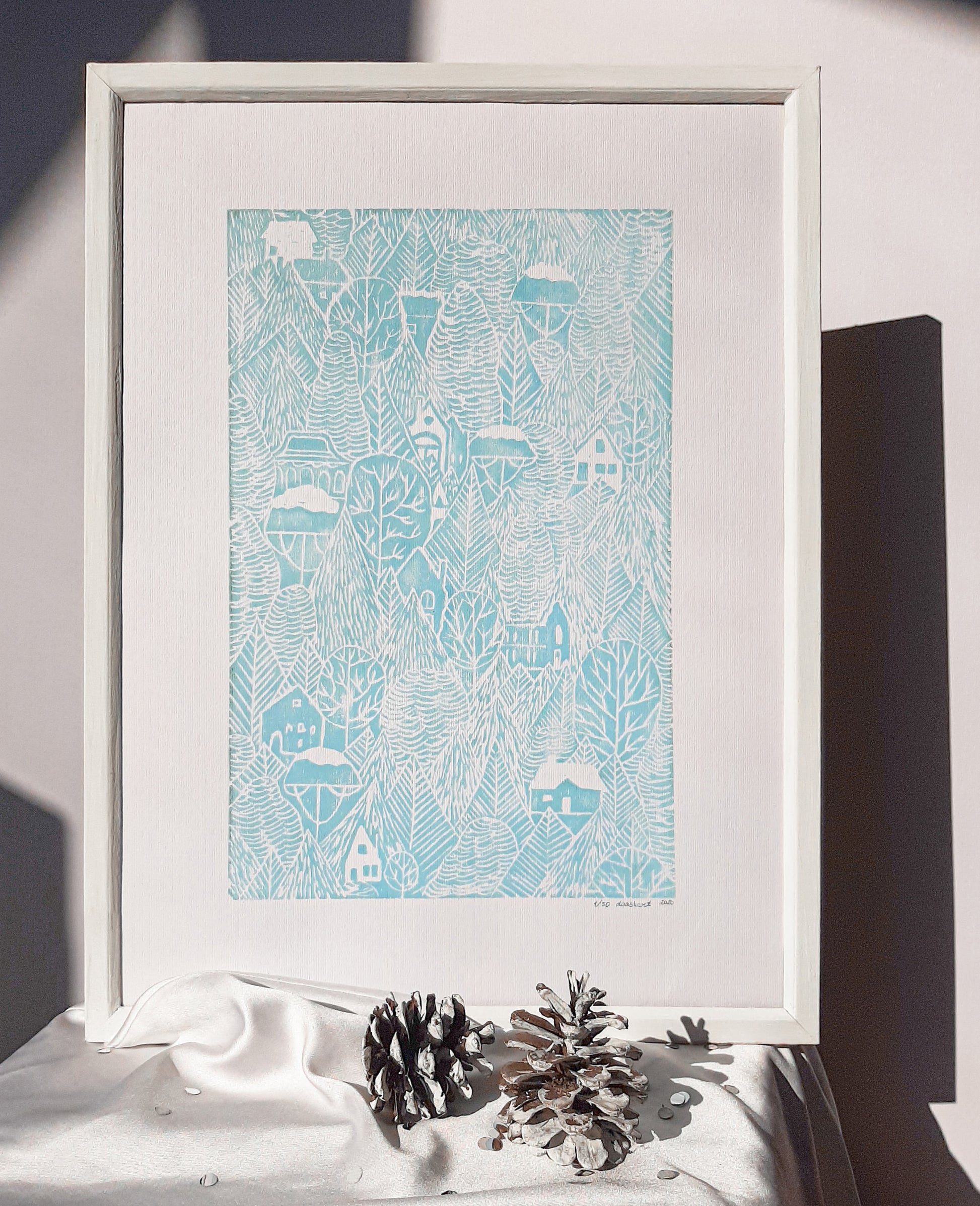 Holiday winter wall art Linocut print Light blue forest with houses Original artwork 12x16 for New home gift and bedroom wall decor UNFRAMED, Linogravure, Living room wall art, Farmhouse wall decor, block print, New home gift, bedroom wall decor, lino print, handmade print art, printmaking