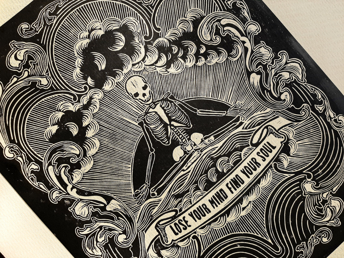Lose your mind find your soul Skeleton wall art Linocut print for New home gift UNFRAMED, Grandpa Chic wall, Goth wall art, Edgy punk wall, Mindfulness art, Meditation wall art, Linogravure, Bedroom wall art, Lino print, printmaking art, living room wall decor, yoga art, vintage art, horror art, handmade wall art, original artwork