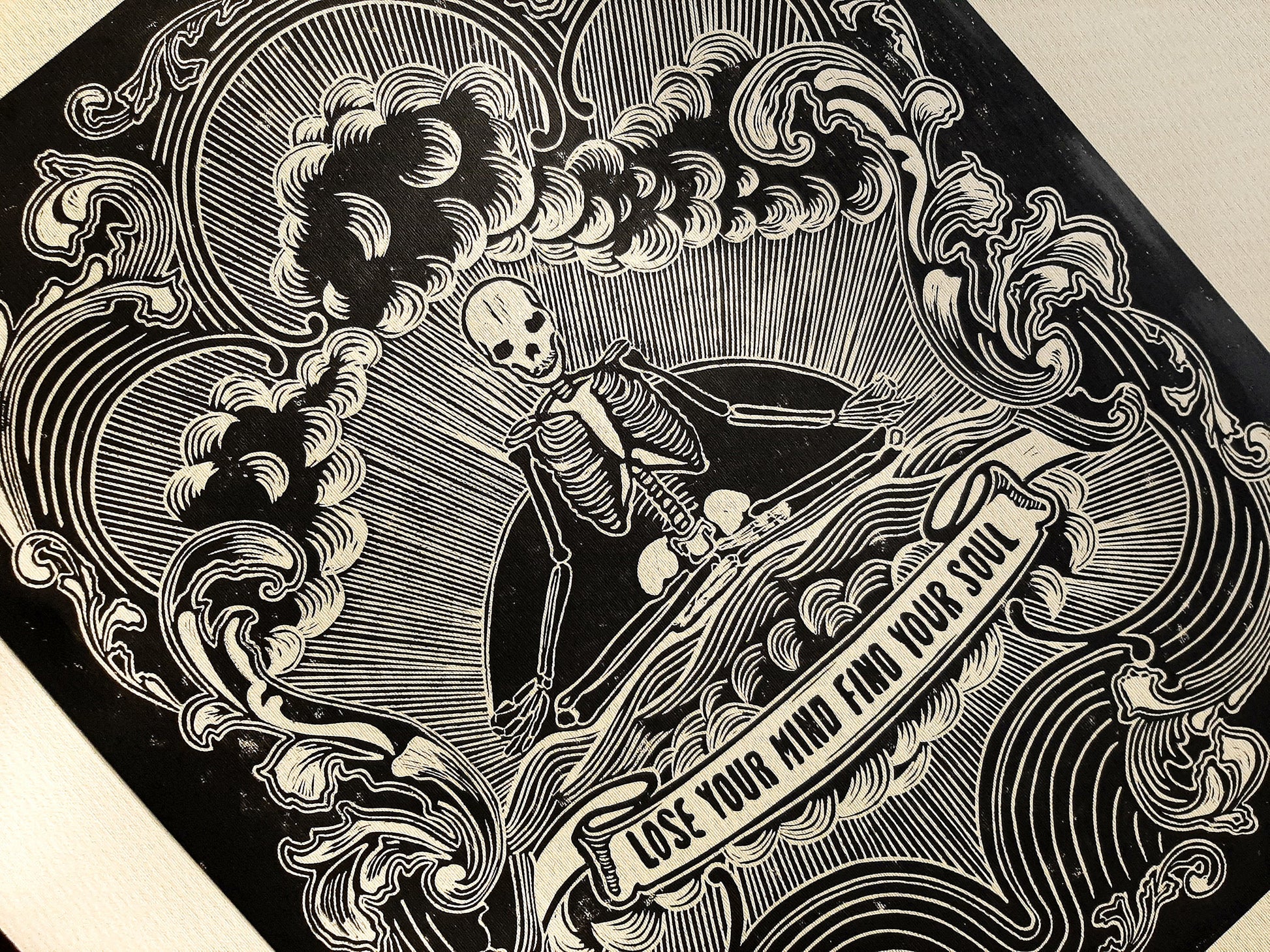 Lose your mind find your soul Skeleton wall art Linocut print for New home gift UNFRAMED, Grandpa Chic wall, Goth wall art, Edgy punk wall, Mindfulness art, Meditation wall art, Linogravure, Bedroom wall art, Lino print, printmaking art, living room wall decor, yoga art, vintage art, horror art, handmade wall art, original artwork