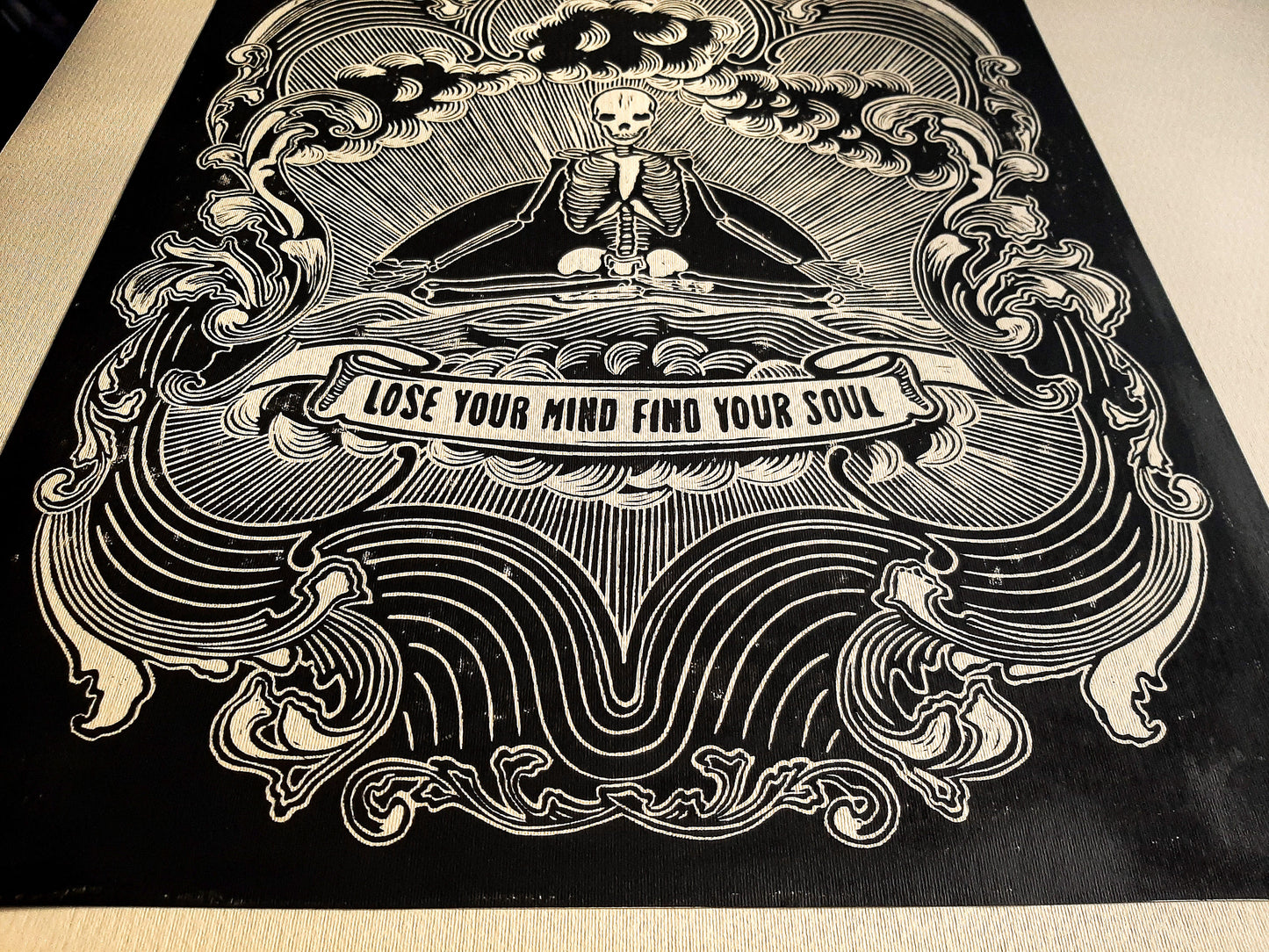 Lose your mind find your soul Skeleton wall art Linocut print for New home gift UNFRAMED, Grandpa Chic wall, Goth wall art, Edgy punk wall, Mindfulness art, Meditation wall art, Linogravure, Bedroom wall art, Lino print, printmaking art, living room wall decor, yoga art, vintage art, horror art, handmade wall art, original artwork