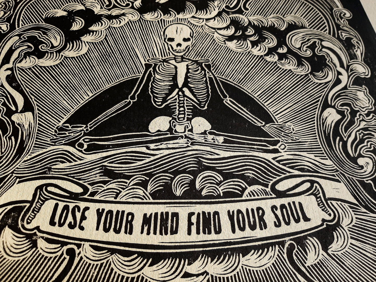 Lose your mind find your soul Skeleton wall art Linocut print for New home gift UNFRAMED
