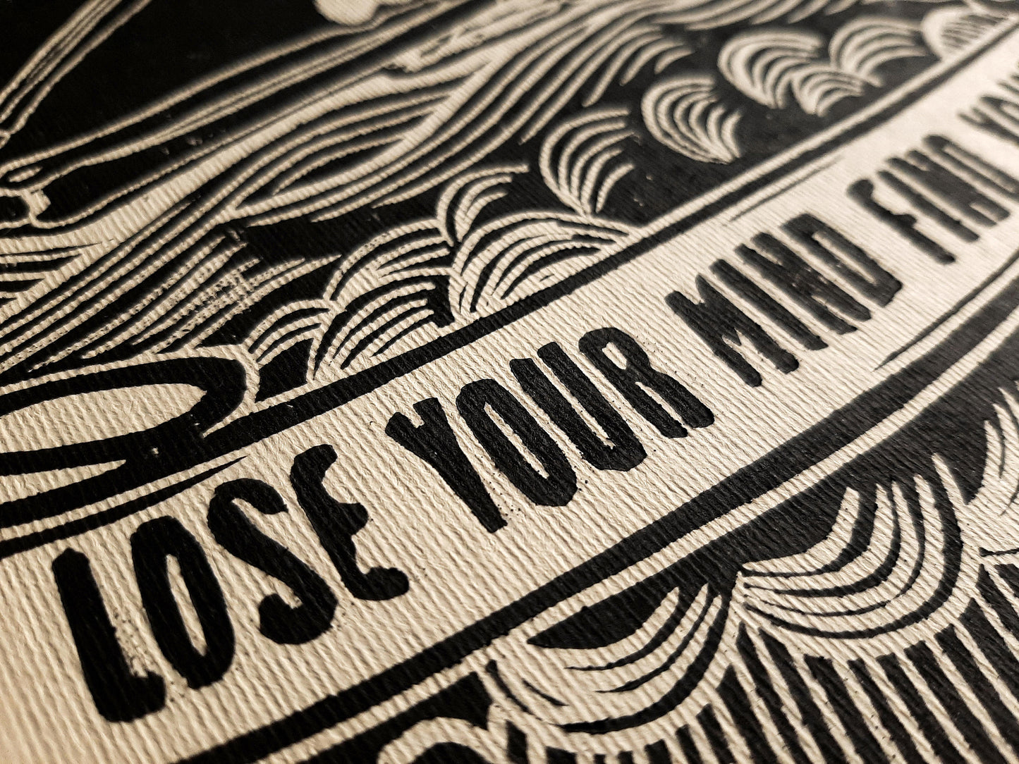 Lose your mind find your soul Skeleton wall art Linocut print for New home gift UNFRAMED, Grandpa Chic wall, Goth wall art, Edgy punk wall, Mindfulness art, Meditation wall art, Linogravure, Bedroom wall art, Lino print, printmaking art, living room wall decor, yoga art, vintage art, horror art, handmade wall art, original artwork
