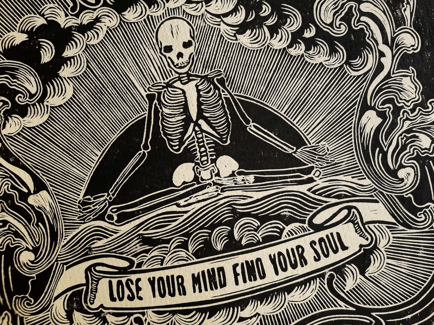 Lose your mind find your soul Skeleton wall art Linocut print for New home gift UNFRAMED, Grandpa Chic wall, Goth wall art, Edgy punk wall, Mindfulness art, Meditation wall art, Linogravure, Bedroom wall art, Lino print, printmaking art, living room wall decor, yoga art, vintage art, horror art, handmade wall art, original artwork