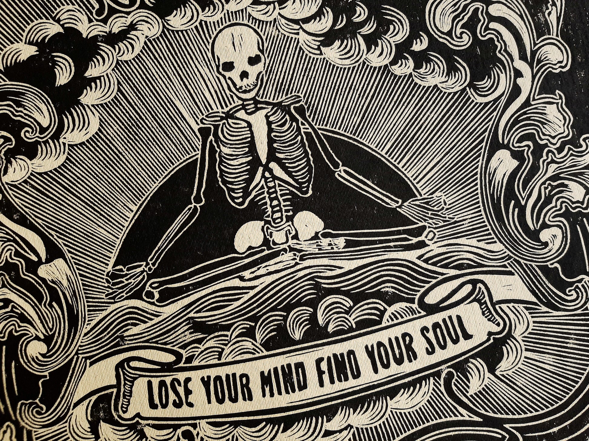 Lose your mind find your soul Skeleton wall art Linocut print for New home gift UNFRAMED, Grandpa Chic wall, Goth wall art, Edgy punk wall, Mindfulness art, Meditation wall art, Linogravure, Bedroom wall art, Lino print, printmaking art, living room wall decor, yoga art, vintage art, horror art, handmade wall art, original artwork